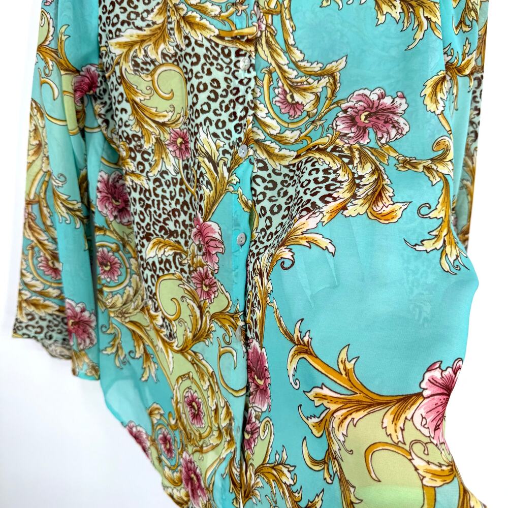 Slinky Brand Sz Large Super Sheer Tropical Floral Long Sleeve Blouse Shirt Top - Picture 8 of 9